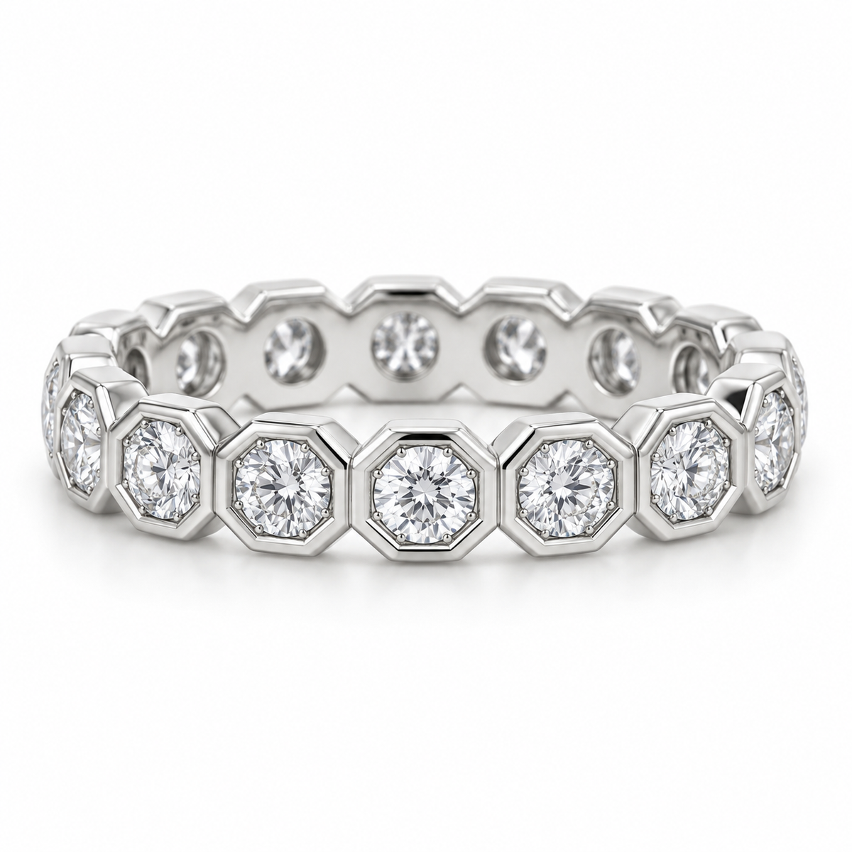 [metal:white-gold] Estrella Octagonal Bezel Eternity Ring — front — full eternity ring of round diamonds each within separate octagonal metal bezel, continuous linked sequence, front view [catalog-v4]