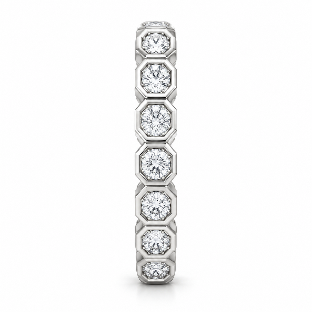 [metal:white-gold] Estrella Octagonal Bezel Eternity Ring — side-profile — full eternity ring of round diamonds each within separate octagonal metal bezel, continuous linked sequence, side-profile view [catalog-v4]