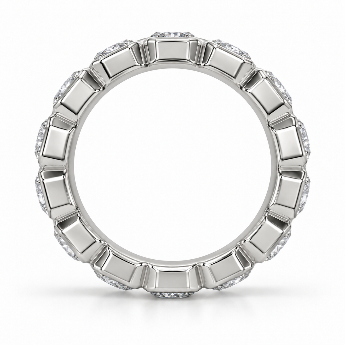 [metal:white-gold] Estrella Octagonal Bezel Eternity Ring — top — full eternity ring of round diamonds each within separate octagonal metal bezel, continuous linked sequence, top view [catalog-v4]