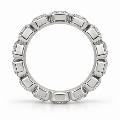 [metal:white-gold] Estrella Octagonal Bezel Eternity Ring — top — full eternity ring of round diamonds each within separate octagonal metal bezel, continuous linked sequence, top view [catalog-v4]