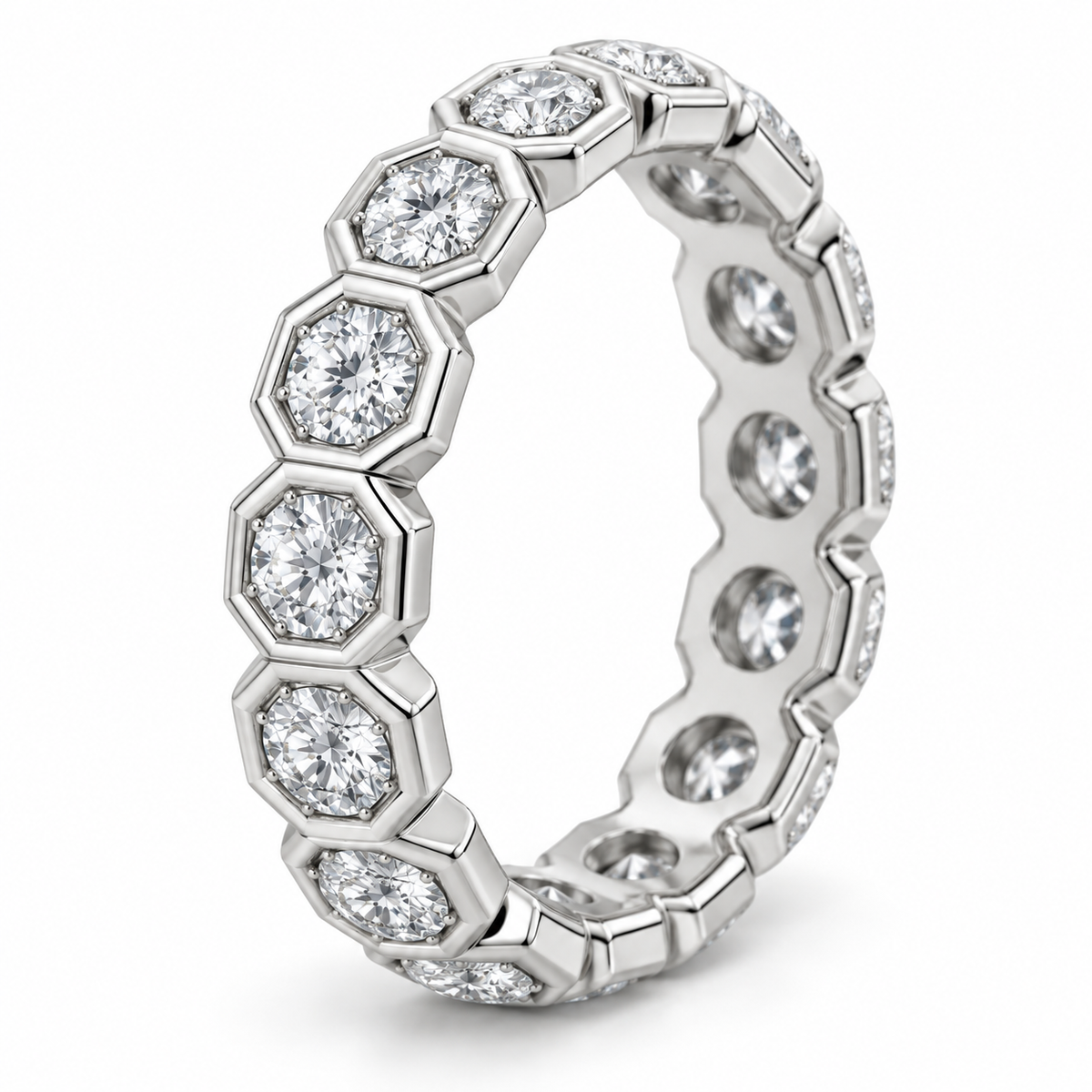[metal:white-gold] Estrella Octagonal Bezel Eternity Ring — three-quarter — full eternity ring of round diamonds each within separate octagonal metal bezel, continuous linked sequence, three-quarter view [catalog-v4]