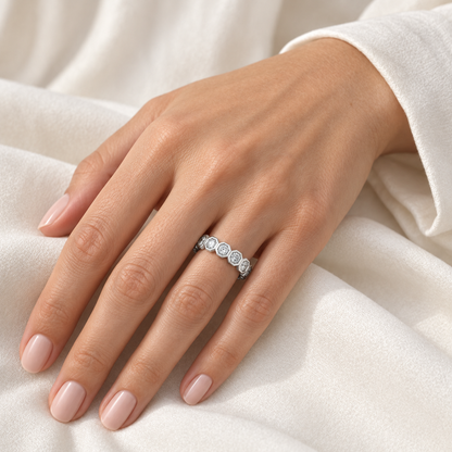 [metal:all] Estrella Octagonal Bezel Eternity Ring — worn — Human-worn styling illustration [catalog-v4]