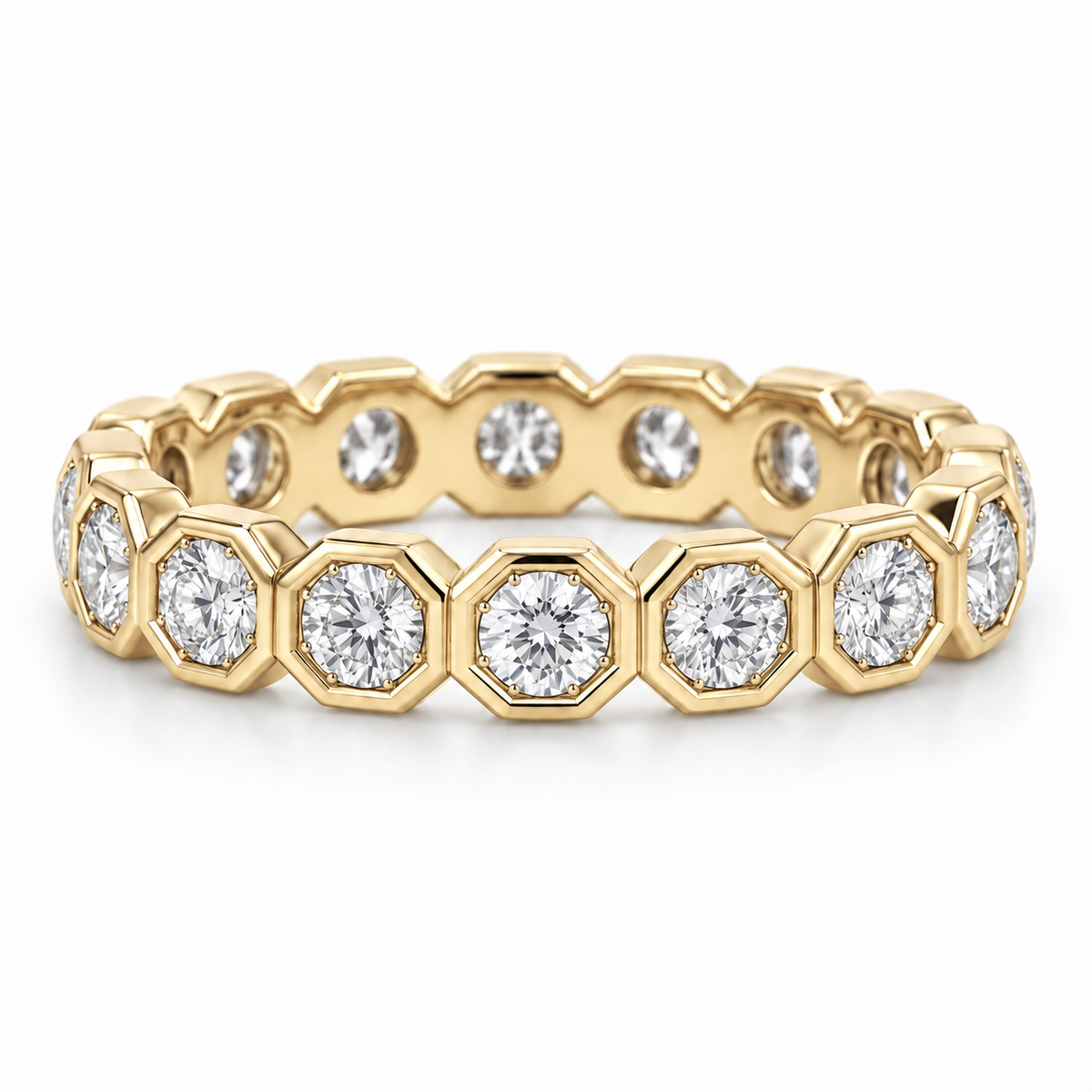 [metal:yellow-gold] Estrella Octagonal Bezel Eternity Ring — front — full eternity ring of round diamonds each within separate octagonal metal bezel, continuous linked sequence, front view [catalog-v4]