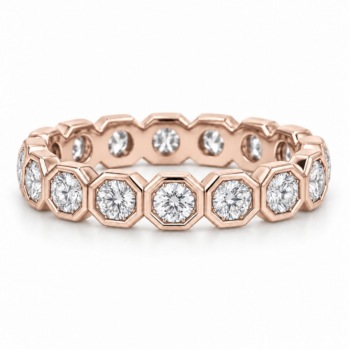 [metal:rose-gold] Estrella Octagonal Bezel Eternity Ring — front — full eternity ring of round diamonds each within separate octagonal metal bezel, continuous linked sequence, front view [catalog-v4]