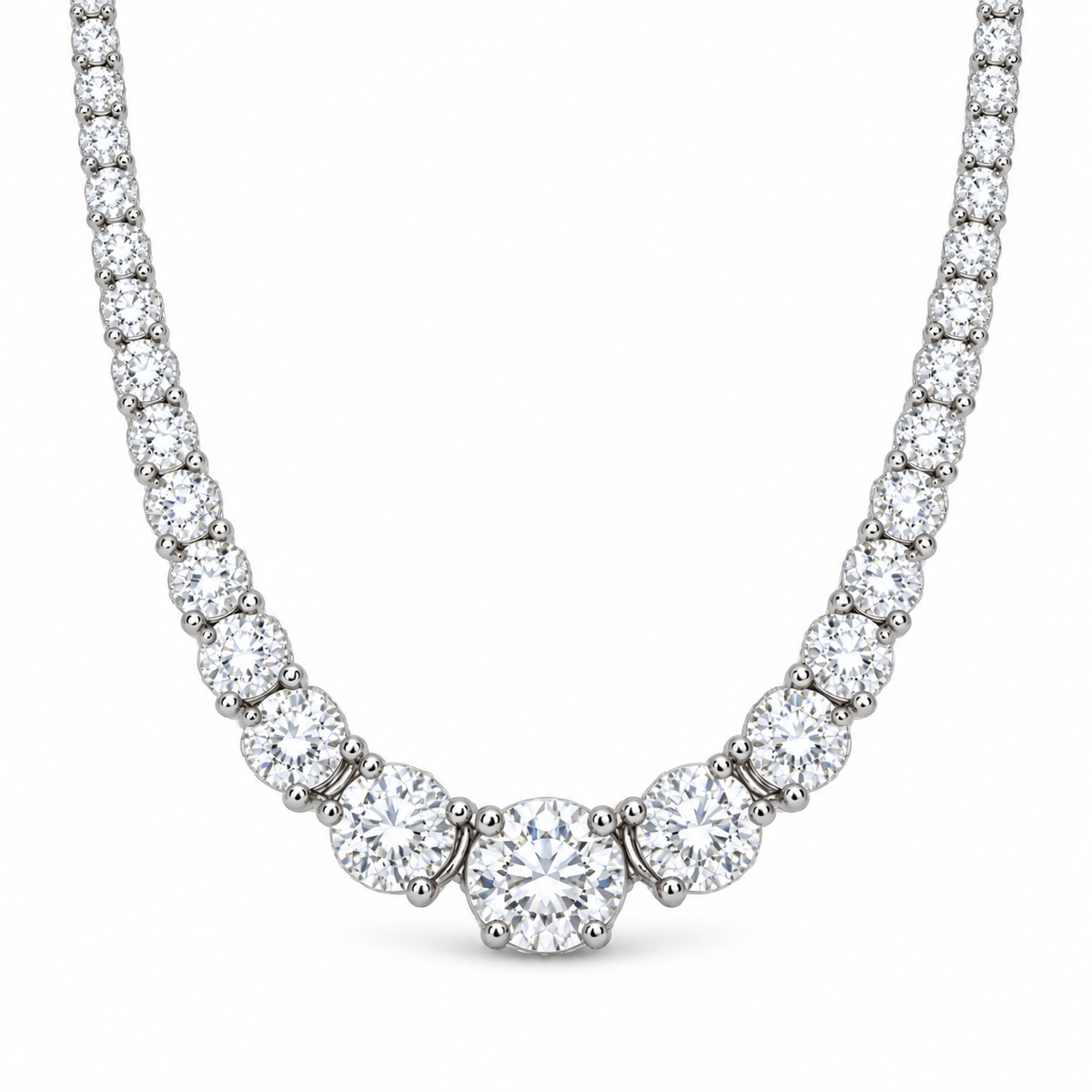 [metal:white-gold] Eternelle Tennis Necklace — front — Graduated round diamond necklace, front studio view [catalog-v4]