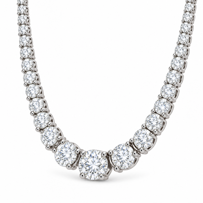 [metal:white-gold] Eternelle Tennis Necklace — three-quarter — Graduated round diamond necklace, oblique studio view [catalog-v4]