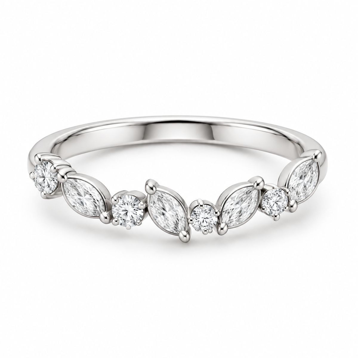 [metal:white-gold] Evelina Marquise Diamond Ring — front — Marquise and round diamond botanical band, shallow front studio view [catalog-v4]
