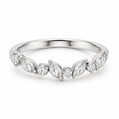 [metal:white-gold] Evelina Marquise Diamond Ring — front — Marquise and round diamond botanical band, shallow front studio view [catalog-v4]