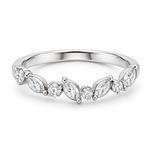 [metal:white-gold] Evelina Marquise Diamond Ring — front — Marquise and round diamond botanical band, shallow front studio view [catalog-v4]