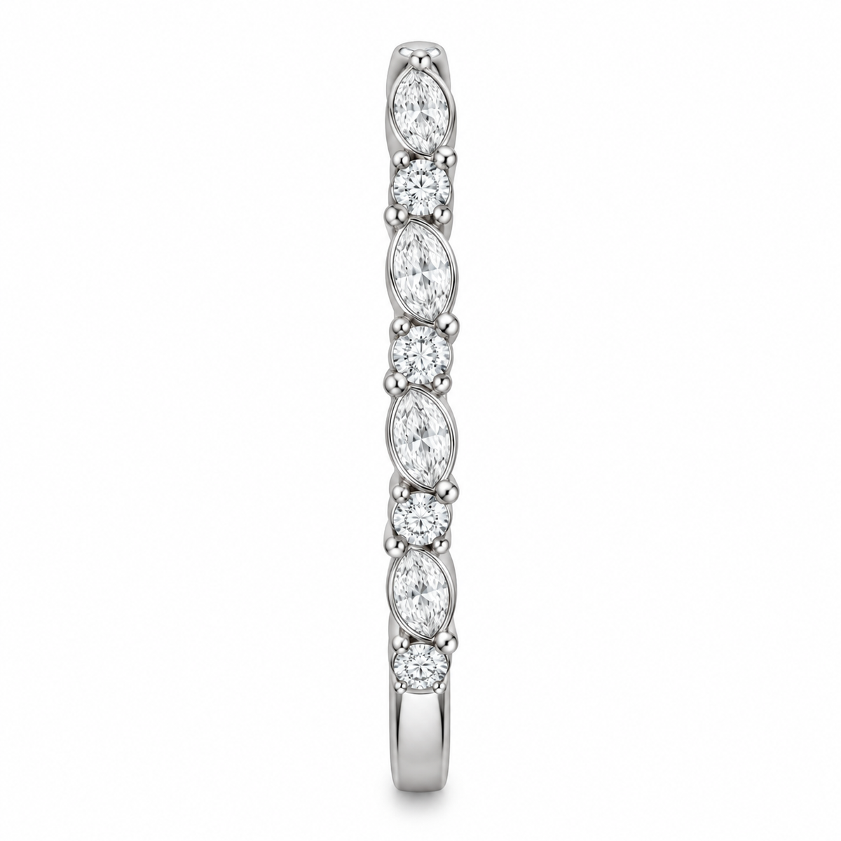 [metal:white-gold] Evelina Marquise Diamond Ring — side-profile — Marquise and round diamond botanical band, edge profile studio view [catalog-v4]