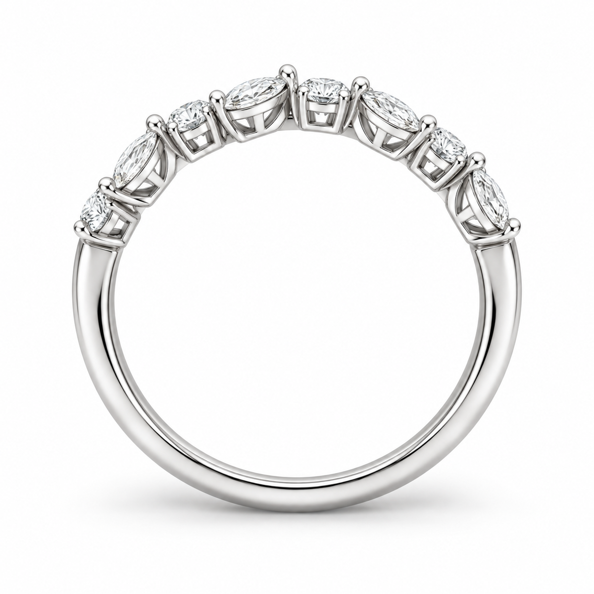 [metal:white-gold] Evelina Marquise Diamond Ring — top — Marquise and round diamond botanical band, circular elevation studio view [catalog-v4]