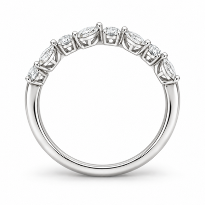 [metal:white-gold] Evelina Marquise Diamond Ring — top — Marquise and round diamond botanical band, circular elevation studio view [catalog-v4]