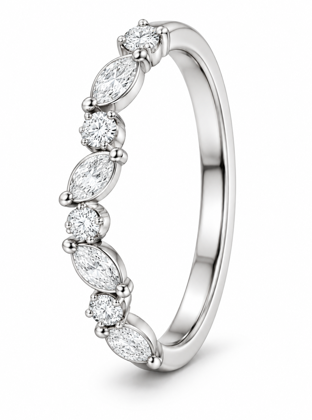 [metal:white-gold] Evelina Marquise Diamond Ring — three-quarter — Marquise and round diamond botanical band, standing oblique studio view [catalog-v4]