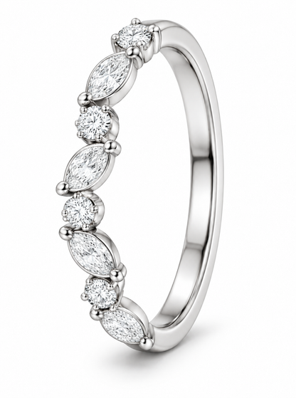 [metal:white-gold] Evelina Marquise Diamond Ring — three-quarter — Marquise and round diamond botanical band, standing oblique studio view [catalog-v4]
