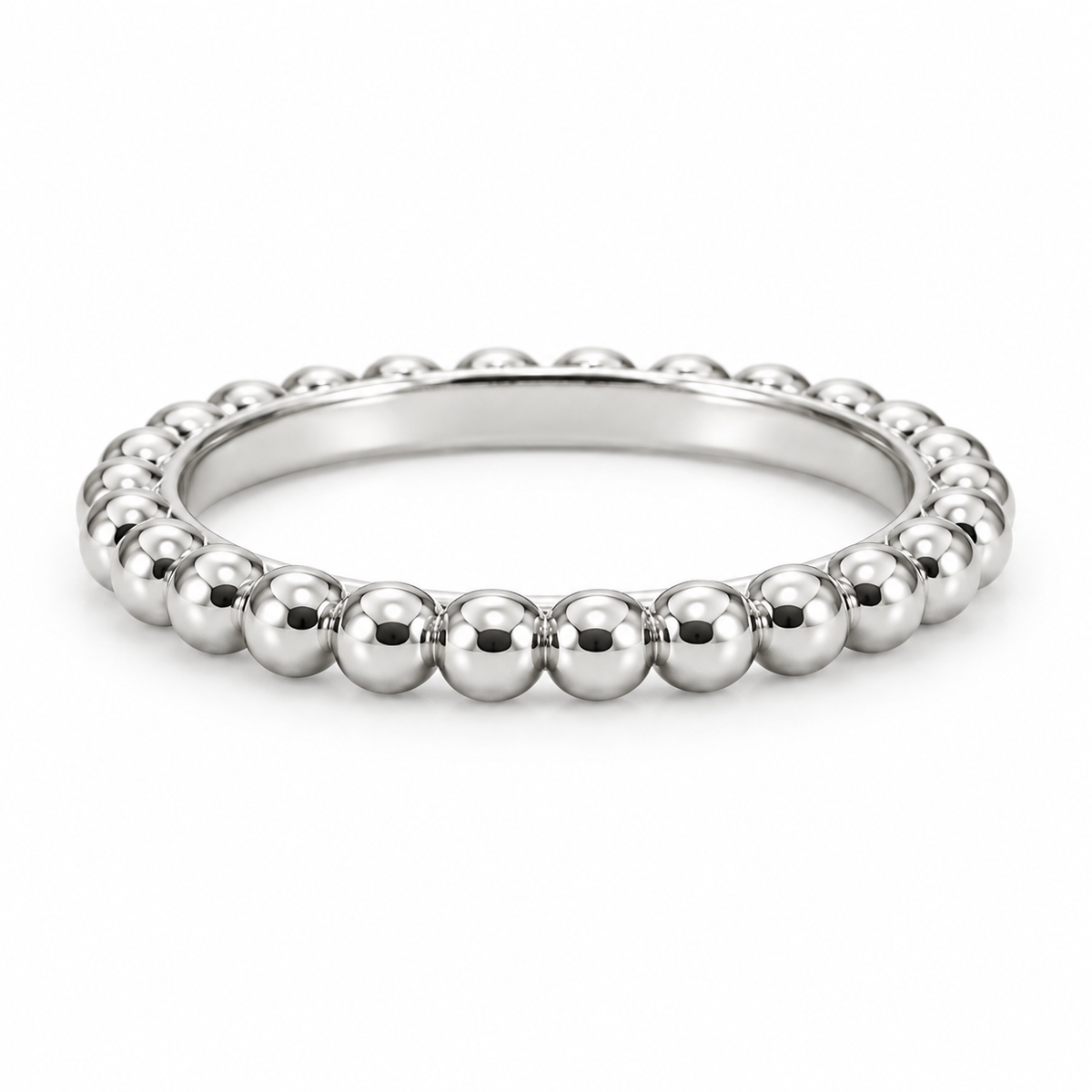 [metal:white-gold] Evelise Beaded Band — front — slim continuous band of evenly sized polished metal beads joined to a smooth inner ring, no stones, front view [catalog-v4]