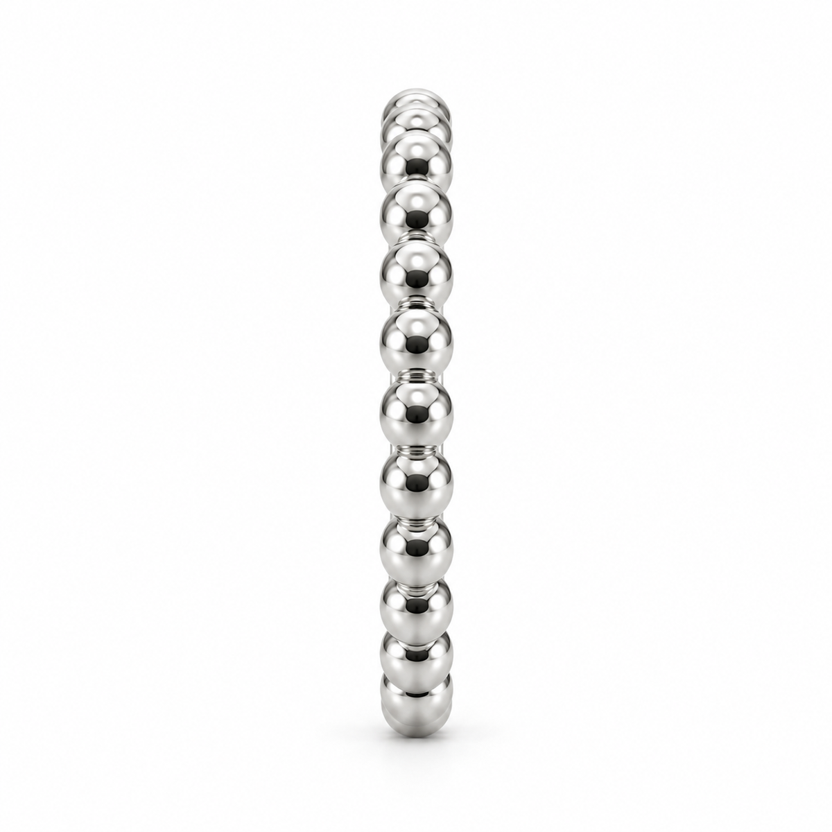 [metal:white-gold] Evelise Beaded Band — side-profile — slim continuous band of evenly sized polished metal beads joined to a smooth inner ring, no stones, side-profile view [catalog-v4]