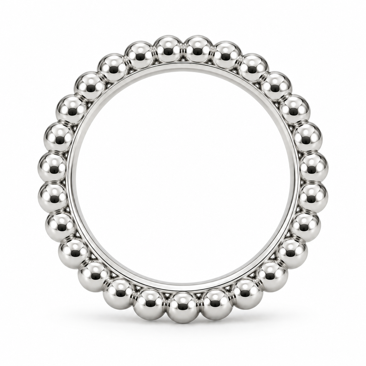 [metal:white-gold] Evelise Beaded Band — top — slim continuous band of evenly sized polished metal beads joined to a smooth inner ring, no stones, top view [catalog-v4]
