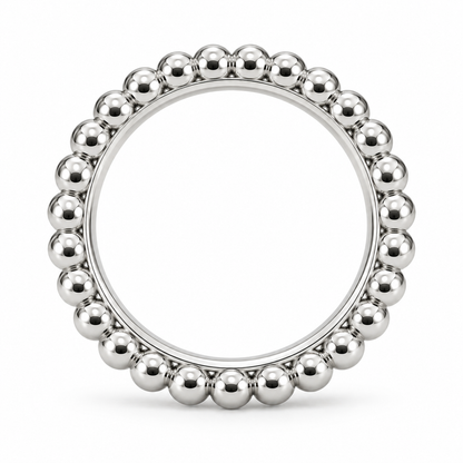 [metal:white-gold] Evelise Beaded Band — top — slim continuous band of evenly sized polished metal beads joined to a smooth inner ring, no stones, top view [catalog-v4]