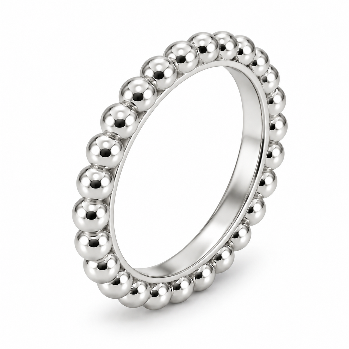 [metal:white-gold] Evelise Beaded Band — three-quarter — slim continuous band of evenly sized polished metal beads joined to a smooth inner ring, no stones, three-quarter view [catalog-v4]