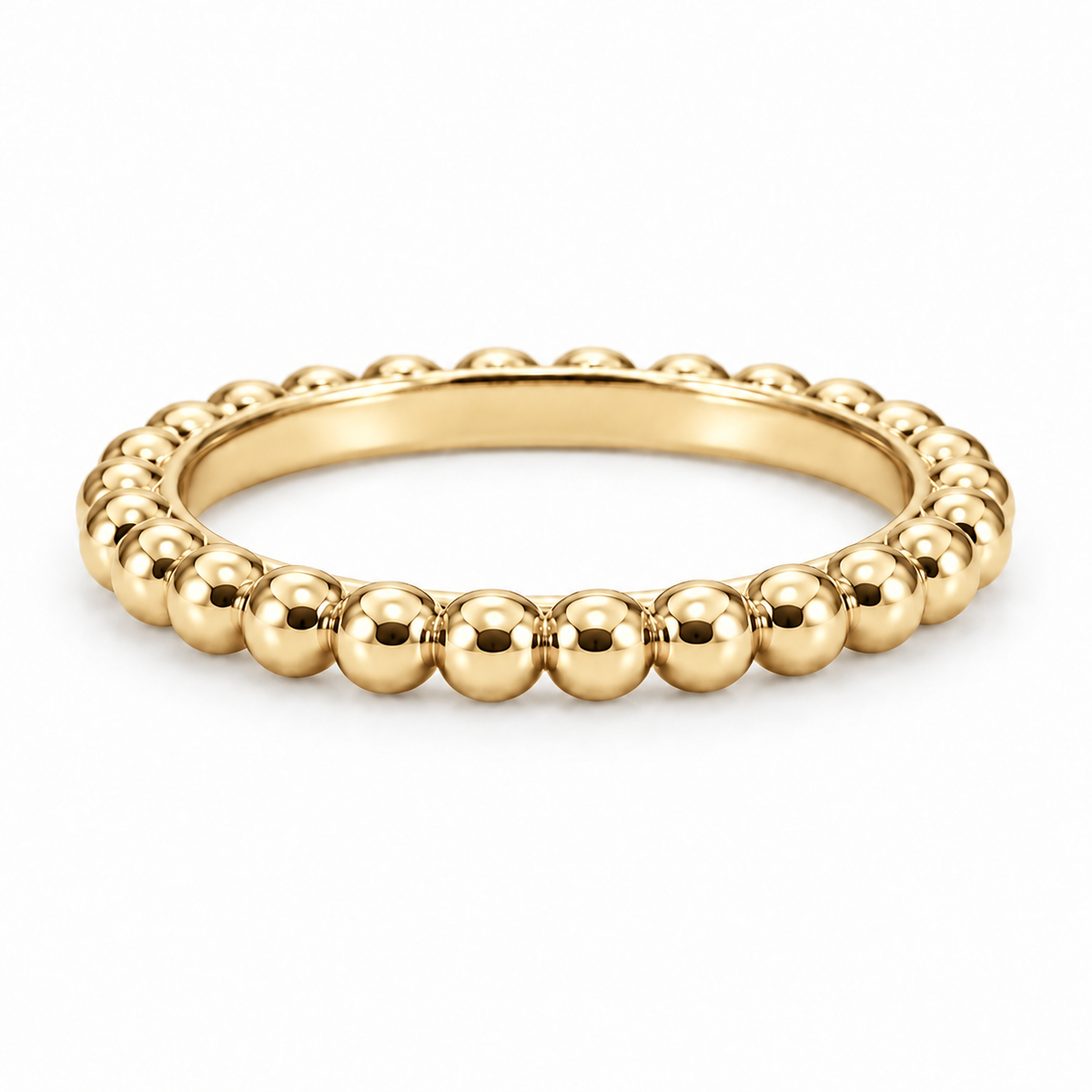 [metal:yellow-gold] Evelise Beaded Band — front — slim continuous band of evenly sized polished metal beads joined to a smooth inner ring, no stones, front view [catalog-v4]
