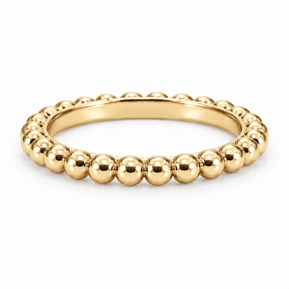 [metal:yellow-gold] Evelise Beaded Band — front — slim continuous band of evenly sized polished metal beads joined to a smooth inner ring, no stones, front view [catalog-v4]