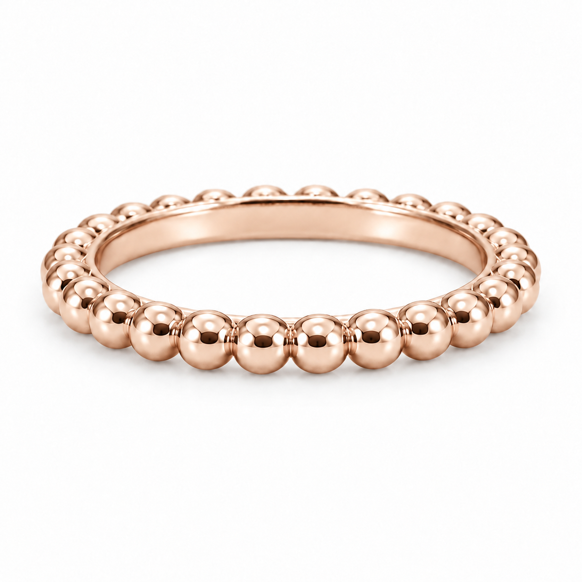 [metal:rose-gold] Evelise Beaded Band — front — slim continuous band of evenly sized polished metal beads joined to a smooth inner ring, no stones, front view [catalog-v4]