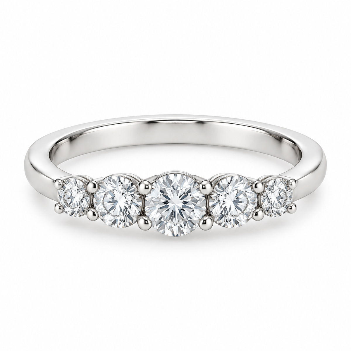 [metal:white-gold] Felicite Five-Stone Ring — front — Five graduated round diamond band, shallow front studio view [catalog-v4]