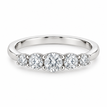 [metal:white-gold] Felicite Five-Stone Ring — front — Five graduated round diamond band, shallow front studio view [catalog-v4]