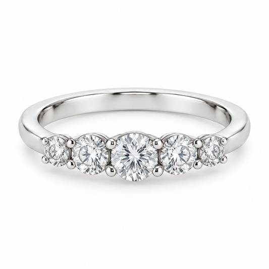 [metal:white-gold] Felicite Five-Stone Ring — front — Five graduated round diamond band, shallow front studio view [catalog-v4]