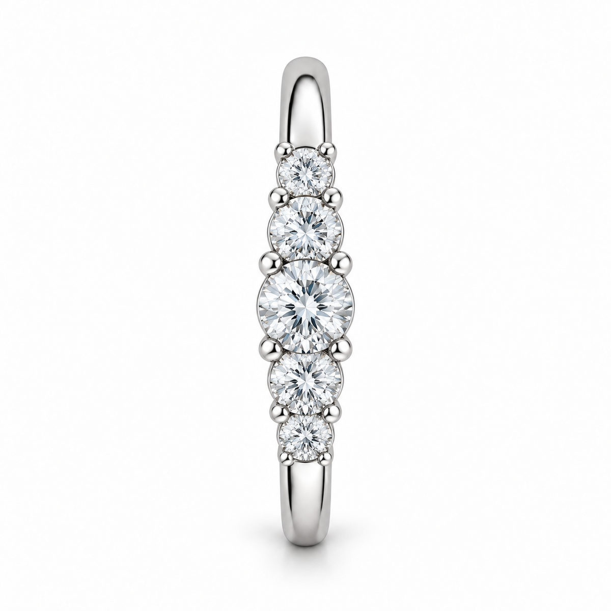 [metal:white-gold] Felicite Five-Stone Ring — side-profile — Five graduated round diamond band, edge profile studio view [catalog-v4]