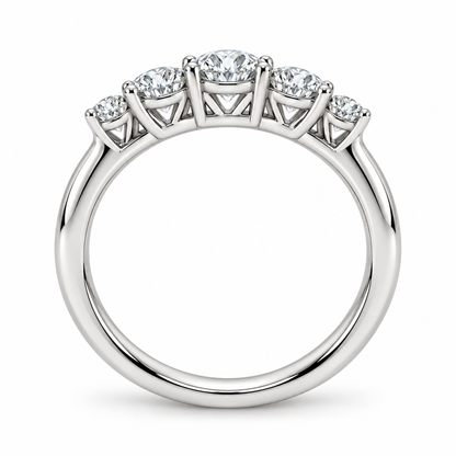 [metal:white-gold] Felicite Five-Stone Ring — top — Five graduated round diamond band, circular elevation studio view [catalog-v4]