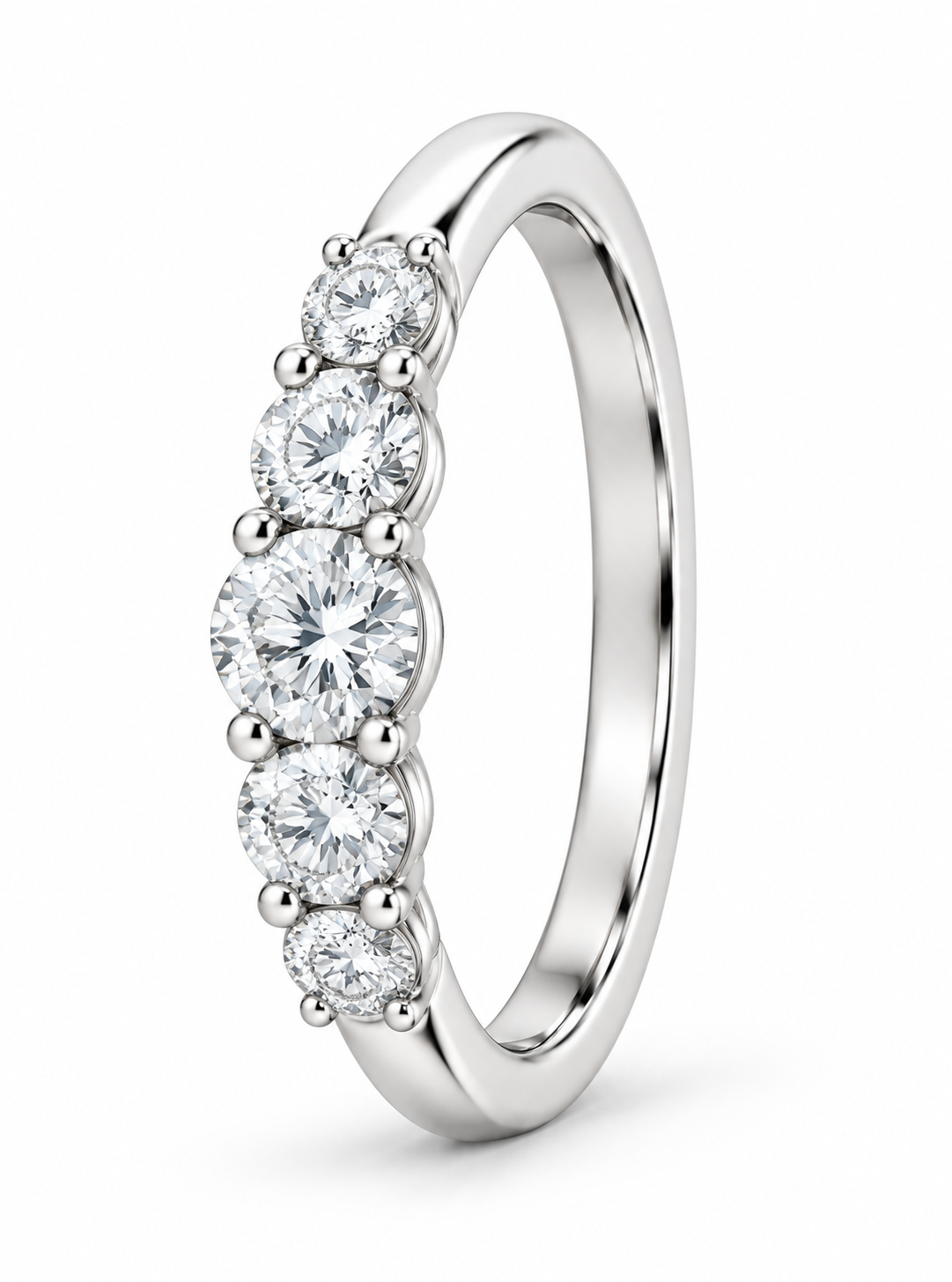 [metal:white-gold] Felicite Five-Stone Ring — three-quarter — Five graduated round diamond band, standing oblique studio view [catalog-v4]