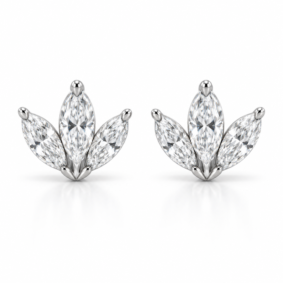 [metal:white-gold] Fiorella Marquise Fan Studs — front — three marquise diamonds arranged as a small fan on each ear stud, front view [catalog-v4]