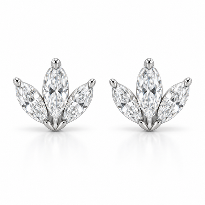 [metal:white-gold] Fiorella Marquise Fan Studs — front — three marquise diamonds arranged as a small fan on each ear stud, front view [catalog-v4]