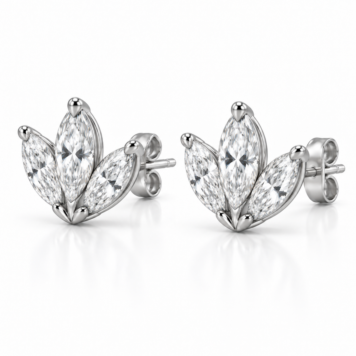 [metal:white-gold] Fiorella Marquise Fan Studs — three-quarter — three marquise diamonds arranged as a small fan on each ear stud, three-quarter view [catalog-v4]
