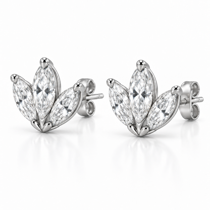 [metal:white-gold] Fiorella Marquise Fan Studs — three-quarter — three marquise diamonds arranged as a small fan on each ear stud, three-quarter view [catalog-v4]