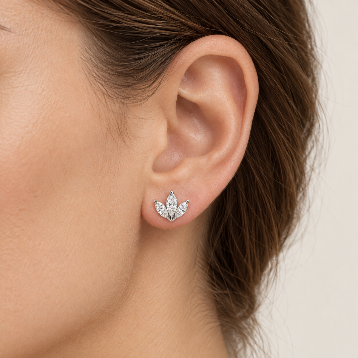 [metal:all] Fiorella Marquise Fan Studs — worn — Human-worn styling illustration [catalog-v4]
