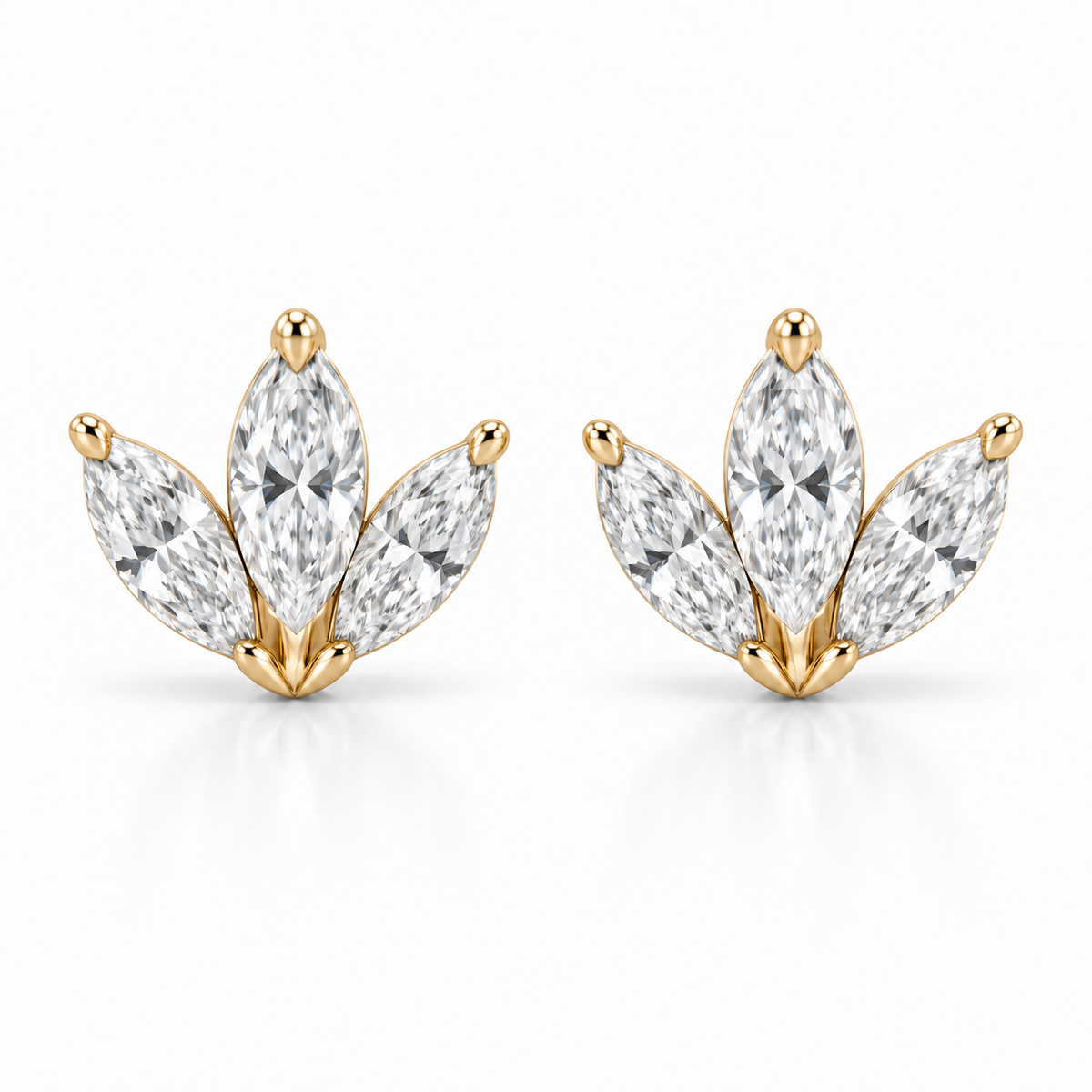 [metal:yellow-gold] Fiorella Marquise Fan Studs — front — three marquise diamonds arranged as a small fan on each ear stud, front view [catalog-v4]