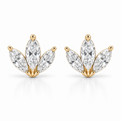 [metal:yellow-gold] Fiorella Marquise Fan Studs — front — three marquise diamonds arranged as a small fan on each ear stud, front view [catalog-v4]
