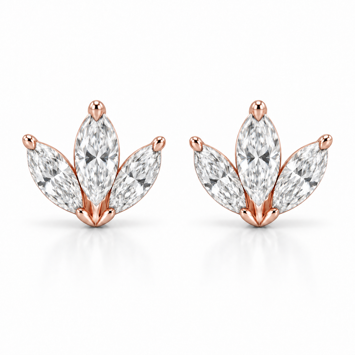 [metal:rose-gold] Fiorella Marquise Fan Studs — front — three marquise diamonds arranged as a small fan on each ear stud, front view [catalog-v4]