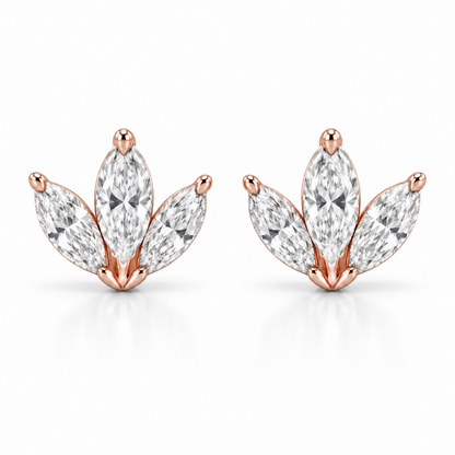 [metal:rose-gold] Fiorella Marquise Fan Studs — front — three marquise diamonds arranged as a small fan on each ear stud, front view [catalog-v4]