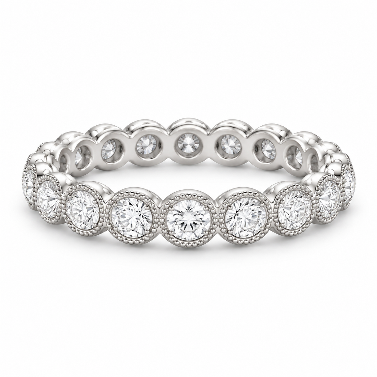 [metal:white-gold] Fleur Scalloped Eternity Ring — front — Scalloped diamond eternity ring, shallow front studio view [catalog-v4]
