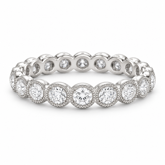[metal:white-gold] Fleur Scalloped Eternity Ring — front — Scalloped diamond eternity ring, shallow front studio view [catalog-v4]