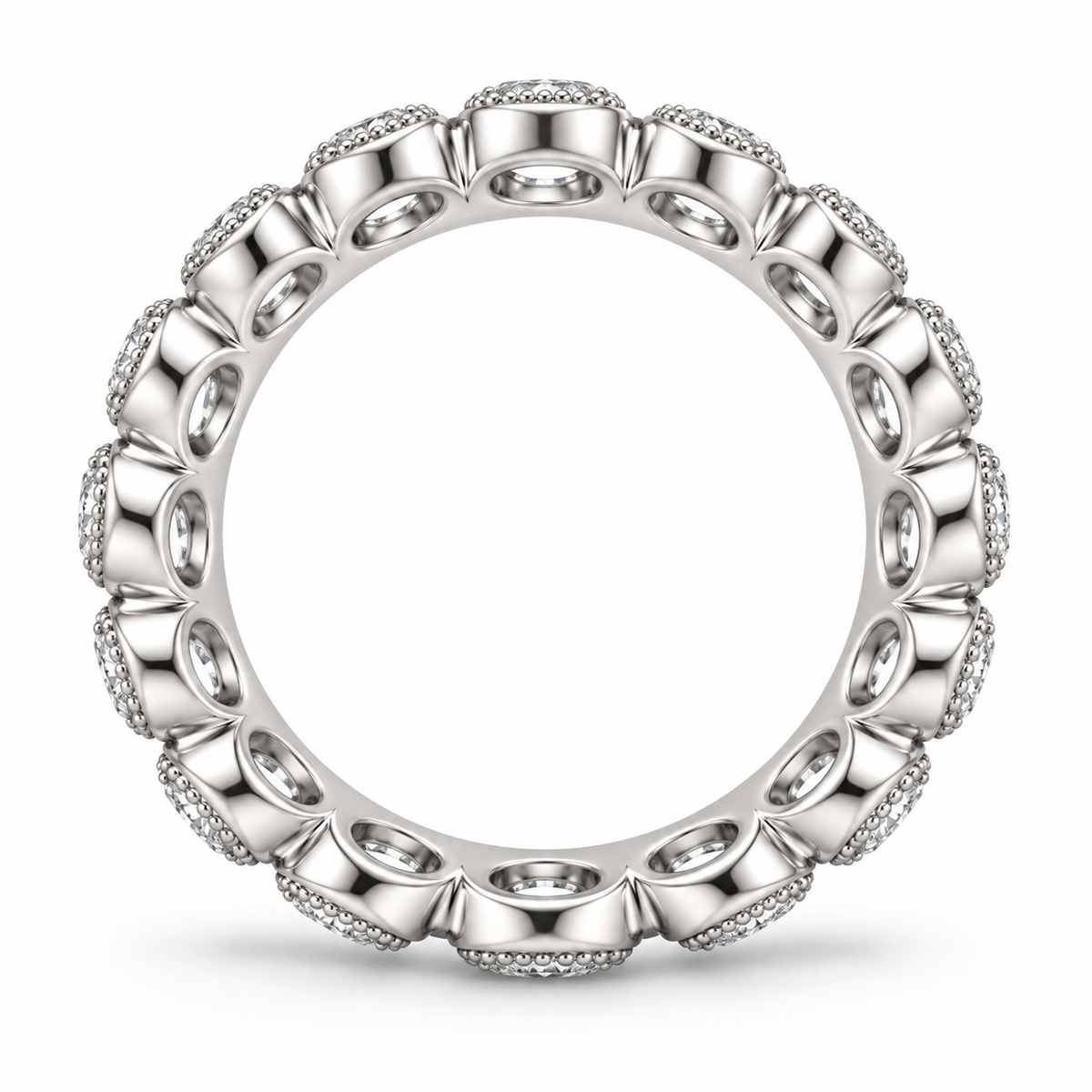 [metal:white-gold] Fleur Scalloped Eternity Ring — top — Scalloped diamond eternity ring, circular elevation studio view [catalog-v4]