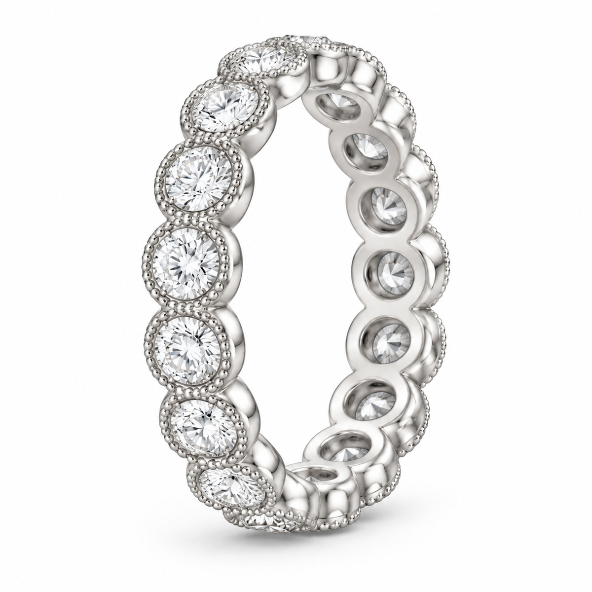 [metal:white-gold] Fleur Scalloped Eternity Ring — three-quarter — Scalloped diamond eternity ring, standing oblique studio view [catalog-v4]