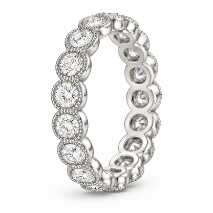 [metal:white-gold] Fleur Scalloped Eternity Ring — three-quarter — Scalloped diamond eternity ring, standing oblique studio view [catalog-v4]