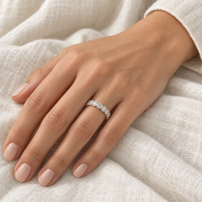 [metal:all] Fleur Scalloped Eternity Ring — worn — Human-worn styling illustration [catalog-v4]