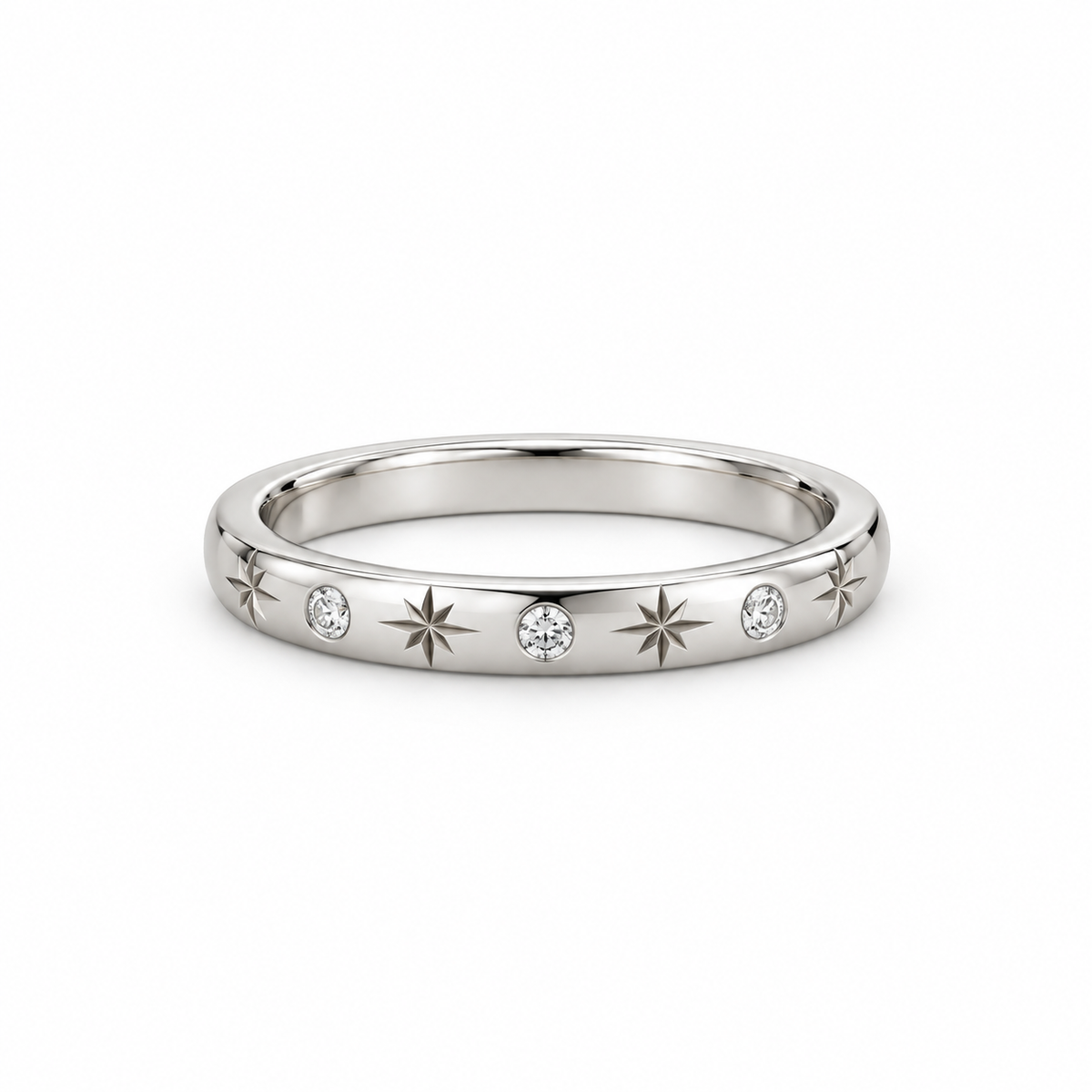[metal:white-gold] Freya Celestial Ring — front — Star-engraved diamond band, shallow front studio view [catalog-v4]