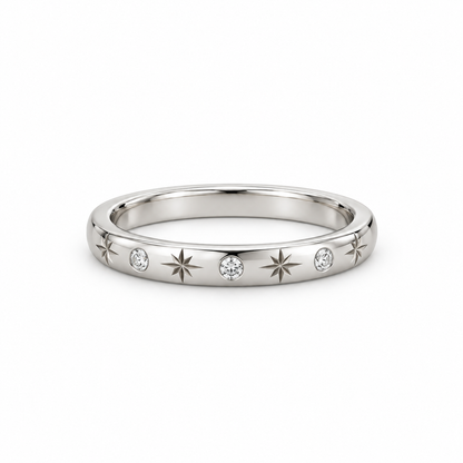 [metal:white-gold] Freya Celestial Ring — front — Star-engraved diamond band, shallow front studio view [catalog-v4]