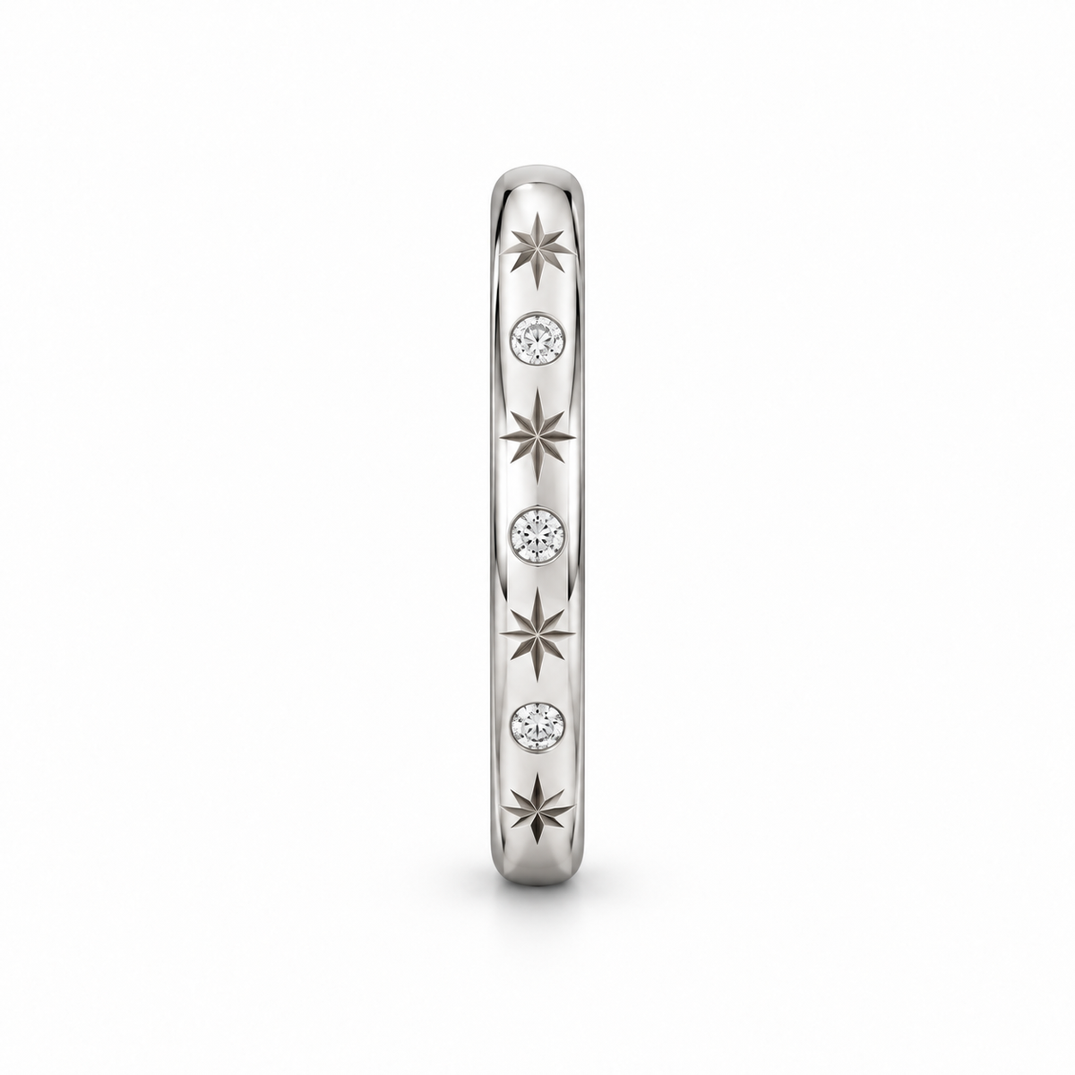 [metal:white-gold] Freya Celestial Ring — side-profile — Star-engraved diamond band, edge profile studio view [catalog-v4]